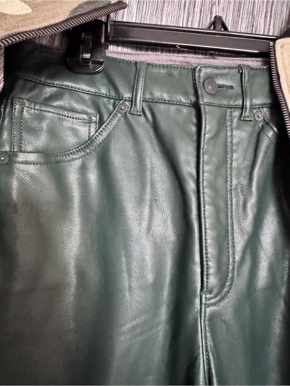 Express Forest Green Vegan Leather Straight-Leg Pants. 4 - Picture 6 of 7